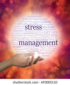 Stress Counselor with a Stress Management word bubble -  a hand held open with a red to blue graduated circular world cloud containing words relevant to stress management
 - Shutterstock ID 693005110