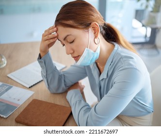 Stress, Covid Fatigue And Woman With Headache Pain At In The Office At Work Suffering From Illness And Sickness Virus. Tired, Mental Health And Person With Migraine Sleeping On The Job In A Mask