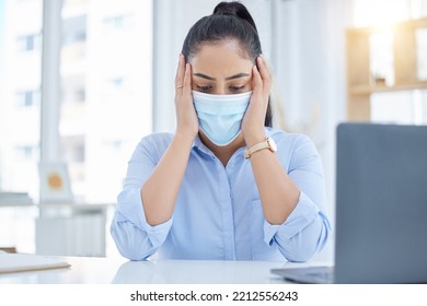 Stress, Covid And Headache Of A Business Woman In Her Office Working At Desk With Laptop For Compliance, Health Problem Or Tech Job. Burnout, Anxiety And Mental Health Corporate Worker In A Face Mask