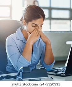 Stress, depression or businesswoman with headache, career pressure or mistake in office. Laptop, upset receptionist or exhausted secretary frustrated by 404 error in workplace with burnout or anxiety