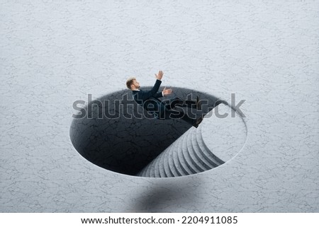 Stress, depression, emotional burnout. A lonely man falls into a black hole. Pessimism, loneliness, problems, unhappy person. Modern design, magazine style Foto stock © 