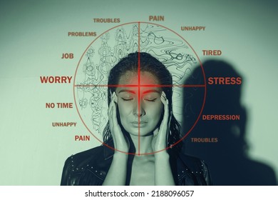Stress, depression and problems in young sad woman, red brain headshot target, mental health - Shutterstock ID 2188096057