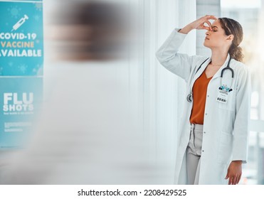 Stress, Depression And Tired Covid Female Doctor Working At Vaccine Station Or Hospital For Healthcare And Flu Shots. Stressed, Headache And Burnout Woman And Medical Practitioner For Coronavirus