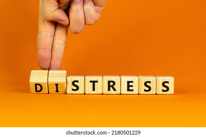 Stress or distress symbol. Psychologist turns cubes and changes the concept word Stress to Distress. Beautiful orange table orange background, copy space. Psychlogical distress or stress concept. - Shutterstock ID 2180501229