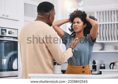 Stress, divorce and couple fighting in a kitchen with anxiety, debt or erectile dysfunction at home. Marriage, doubt and man with woman in a house for conflict, argue or liar, cheating or infertility