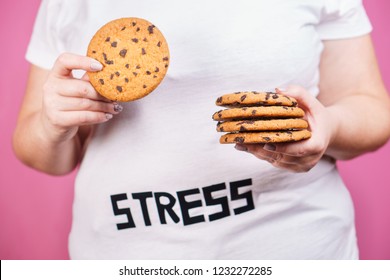 Stress, Eating Problems, Bulimia, Compulsive Overeating, Sugar Addiction, Weight Gain. Overweight Woman With Stack Of Chocolate Cookies