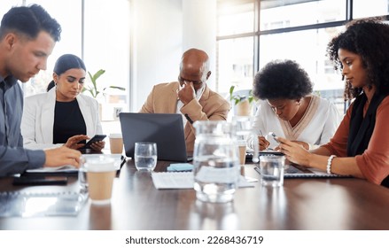 Stress, failure and tired business people in meeting, working on phone and laptop with error or mistake in office. Deadline, workload and frustrated corporate team burnout at audit, exhausted and 404 - Powered by Shutterstock