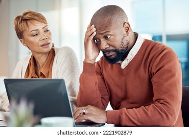 Stress, Finance And Laptop By Senior Couple Checking Budget, Savings And Expenses While Paying Bills In Kitchen. Anxiety, Family And Debt By Black Woman Disappointed, Annoyed And Frustrated With Man