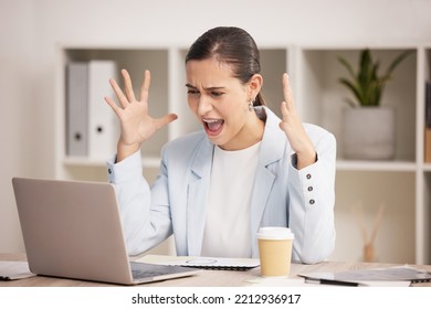 Stress, Glitch And Angry Woman On Laptop Working In Office, 404 And Bad Internet Delay. Anger, Frustrated And Annoyed Employee Suffering From Anxiety And Pressure While Trying To Meet Online Deadline