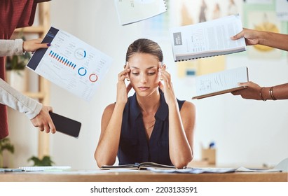 Stress, Headache And Burnout With Business Woman Feeling Overwhelmed By A Busy Schedule And Deadline In An Office. Corporate Employee Suffering Anxiety And Mental Breakdown From Workload And Tasks