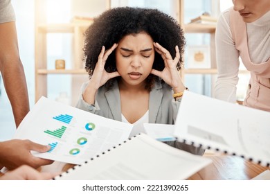 Stress, Headache And Burnout Of Business Woman With Busy Schedule During Tax Compliance, Report And Audit In Office With Financial Documents And Employees. Depression Of Female Manager During Crisis