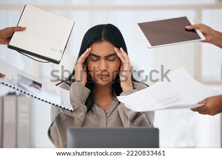 Stress, headache and burnout of business woman, overworked or overwhelmed by deadline or employees on office computer.   health, multitasking and frustrated female depressed in toxic workplace