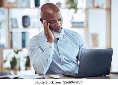 Stress, headache and frustrated black man on laptop in office with 404 technology glitch, crisis or online problem. Business, burnout and computer mistake with anxiety, confused or mental health risk