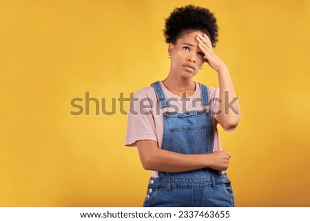 Stress, headache and woman in studio annoyed, confused and brain fog on yellow background. Anxiety, migraine and female model with vertigo, crisis or mistake, fail o or frustrated by depression Foto stock © 