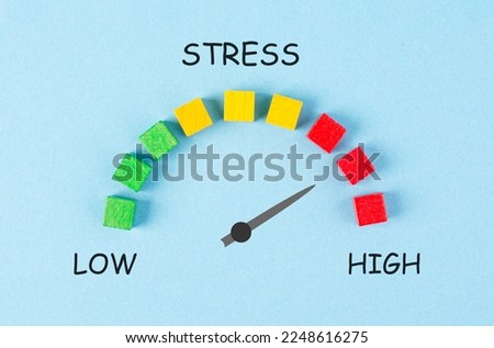 Stress loading bar, burnout syndrome and exhaustion, work life balance, low energy, high pressure, arrow point to critical scale 