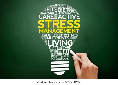 Stress Management bulb word cloud collage, health concept on blackboard