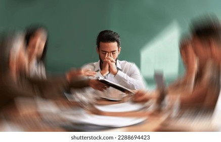 Stress, migraine and motion blur with a business man in a meeting feeling frustrated, tired or overworked. Mental health, anxiety and headache with an exhausted male employee suffering from fatigue - Shutterstock ID 2288694423