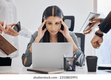 Stress, multitask and an overwhelmed business woman at work on a laptop in her office for a deadline. Technology, burnout or anxiety with a young female employee feeling pressure from a busy schedule