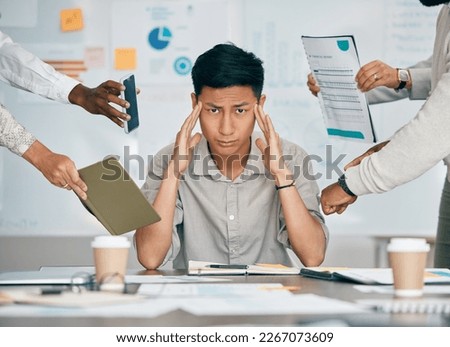 Stress, overworked and headache with businessman multitasking audit, schedule and compliance. Challenge, accountability and mental health with asian employee for burnout, frustrated and deadline