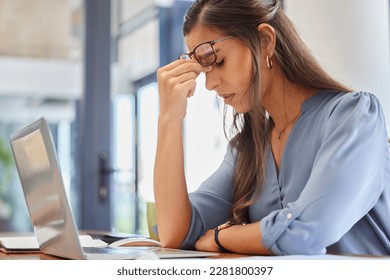 Stress, problem and business woman with headache, anxiety or workload pressure in office. Burnout, pain and financial advisor suffering migraine, ache or anxious while checking tax documents deadline