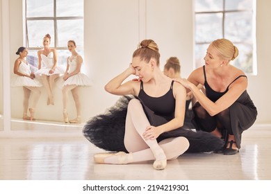 Stress, Sad And Bullying Ballet Dance Student With Teacher Support, Help And Care In Studio Class With Group Of Women. Young Girl Crying After Fail Performance Losing Competition In Dancing Academy