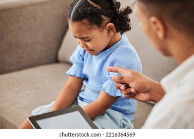 Stress, Sad And Crying Girl On Sofa With Angry, Frustrated And Annoyed Father, Conflict, Argue And Guilt. Children Behaviour And Parent Pointing At Unhappy Kid, Distress, Upset And Living Room Fight