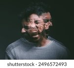 Stress, screaming and man in studio with double exposure for mental health, depression or bipolar on dark background. Illness, fear and person with ptsd for nightmare, personality or schizophrenia