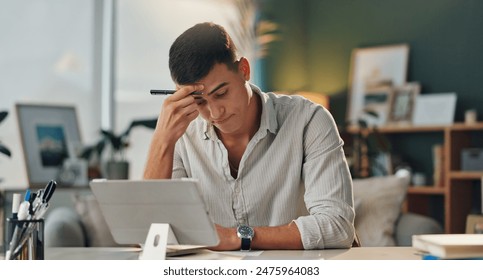 Stress, tablet and thinking with business man in office for problem solving or project management solution. Administration, burnout and compliance with employee at desk in workplace for planning - Powered by Shutterstock