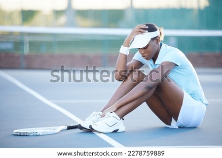 Stress, tennis and black woman with depression on court after failure in match, game or competition. Mental health, anxiety and sad female athlete with headache, migraine or tired after sports loss.