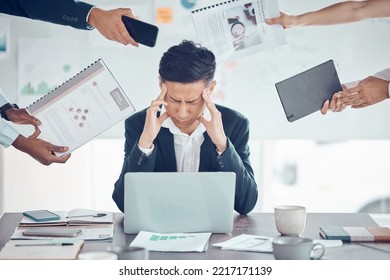 Stress, Tired And Business Man With Burnout, Headache And Frustrated Work Pressure With Hands Of Employees Giving Task. Manager, Mental Health And Data Analyst Male Stressed And Depressed At Desk