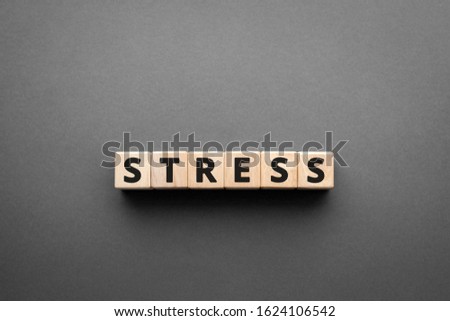 Stress - words from wooden blocks with letters, feel worried and nervous stress concept, top view gray background