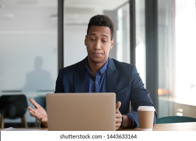 Stressed Annoyed African Black Business Man Using Stuck Slow Laptop Upset About Broken Computer Problem, Frustrated By Application Error, System Virus Data Loss On Pc, Website Mistake At Workplace