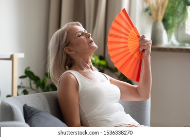 Stressed annoyed old senior woman using waving fan suffer from overheating, summer heat health hormone problem, no air conditioner at home sit on sofa feel exhaustion dehydration heatstroke concept