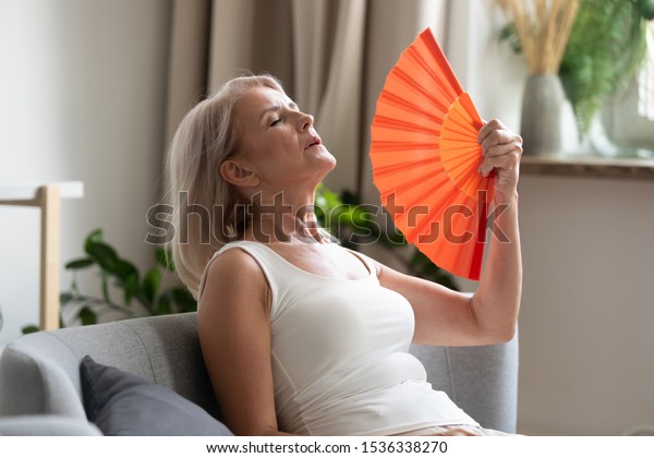 Stressed annoyed old senior woman using waving\
fan suffer from overheating, summer heat health hormone problem, no\
air conditioner at home sit on sofa feel exhaustion dehydration\
heatstroke concept