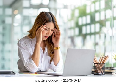 Stressed Asian Businesswoman Having Headache At Work Concept, Frustrated Dizzy Chinese Woman Touching Temple Tired Of Aching Head Or Chronic Fatigue In Office, Korean Employee Feels Strong Migraine