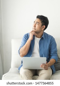 Stressed Asian Man Using Laptop At Home, Lifestyle Concept With Copy Space.