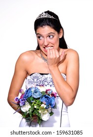 Stressed Bride Holding A Flowers Bouquet.