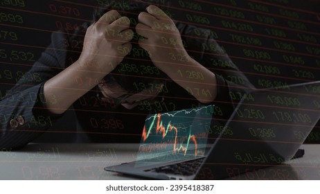 Stressed business man crypto trader broker investor analyzing stock exchange market crypto trading decreasing chart data fall down loss - Shutterstock ID 2395418387
