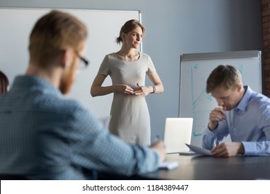 Stressed business woman leader executive in tension feels worried thinking of problem challenge at meeting, female speaker nervous about result waiting for clients decision after sales presentation