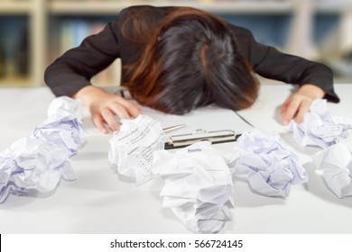 Stressed Business Woman Make A Mistake With Chewed Resume Paper