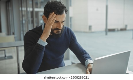 Stressed businessman with beard in modern office feeling headache - Powered by Shutterstock