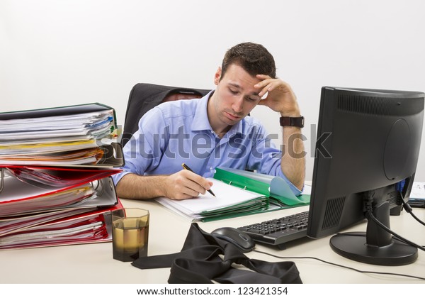 Stressed Businessman Filling Paper Documents Front Stock Photo ...