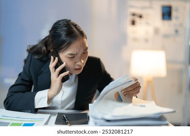 Stressed businesswoman in office working late, on phone discussing financial report, surrounded by tech and paperwork, showing pressure and fatigue. Late-night atmosphere adds to frustration - Powered by Shutterstock