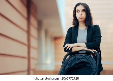 Stressed Businesswoman Pushing A Baby Stroller Thinking About Work. Mom Needing To Go Back To Work Busy With Childcare Having To Chose
