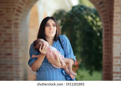 Stressed Clueless New Mom Holding Newborn Baby. Inexperienced New Mother Feeling Worried And Depressed
