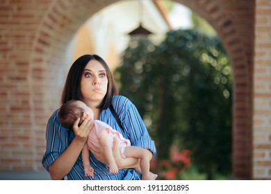 Stressed Clueless New Mom Holding Newborn Baby. Inexperienced New Mother Feeling Worried And Depressed
