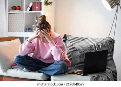 Stressed College Student Tired Of Hard Learning With Books And Laptop In Exams Tests Preparation, Overwhelmed High School Teen Girl Exhausted With Difficult Studies Or Too Much Homework, Cram Concept