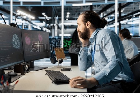 Stressed data center IT expert perturbed by AI systems uptime issues warnings. Server room admin worried after reading diagnostic report showing artificial intelligence hardware critical error