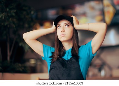 
Stressed Fast Food Worker Feeling Overwhelmed Doing Overtime. Retail Employee Having An Awful Schedule Feeling Exhausted And Desperate
