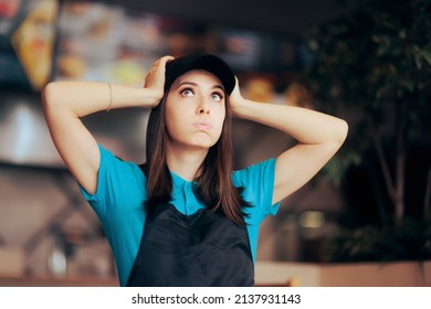 Stressed Fast Food Worker Feeling Overwhelmed Doing Overtime. Retail Employee Having An Awful Schedule Feeling Exhausted And Desperate